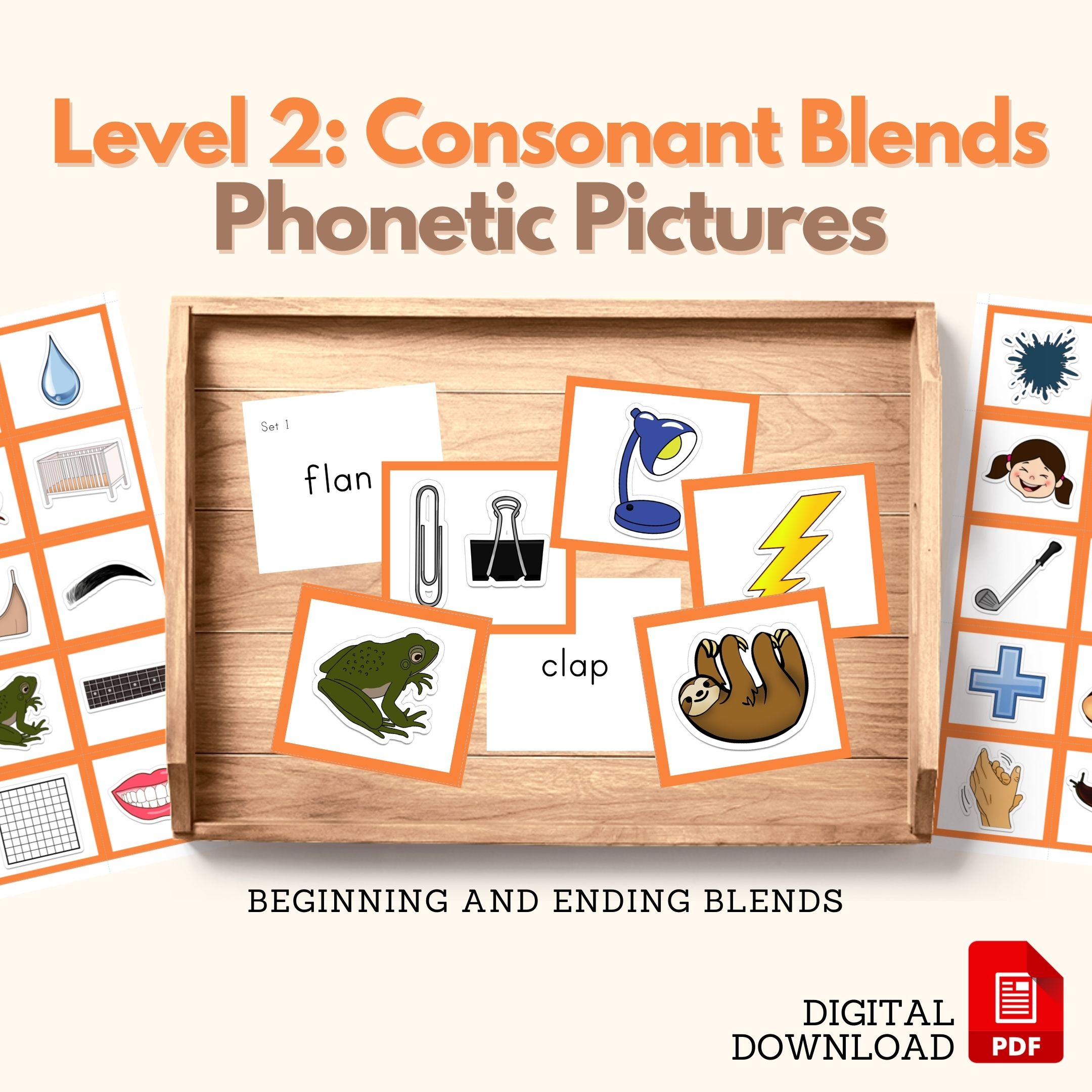 Consonant Blends Phonetic Reading Picture Cards Object Box Montessori in CURSIVE