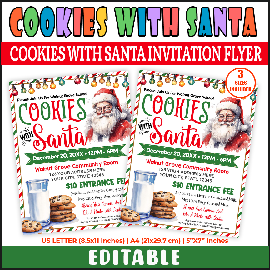 DIY Cookies With Santa Flyer Template, Holiday Christmas Fundraiser Santa Template