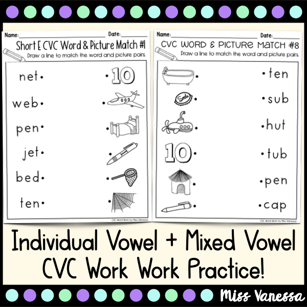 Short Vowel CVC Word and Picture Matching Worksheets - Made By Teachers