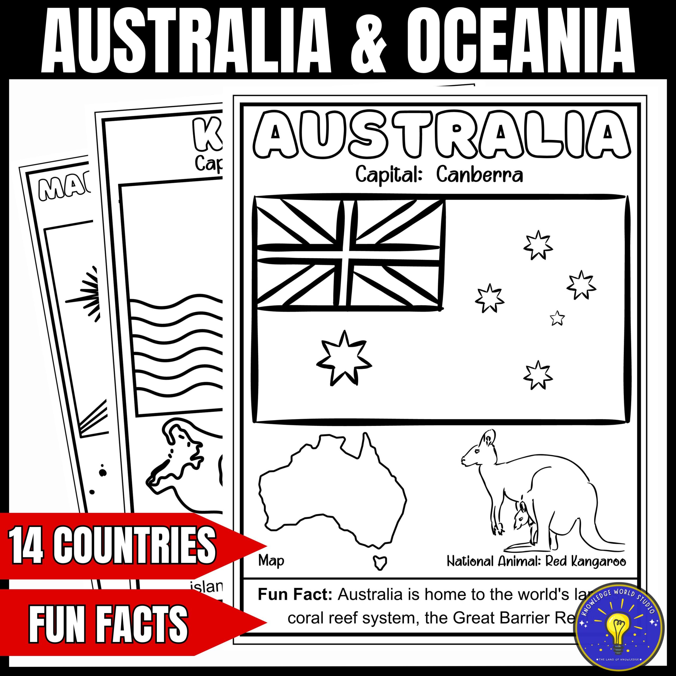 Geography of Australia & Oceania Coloring Pages | Flags-Capitals-Animal-Maps