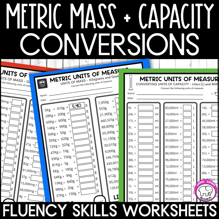 Converting Metric Units of Mass and Capacity Practice Worksheets and ...