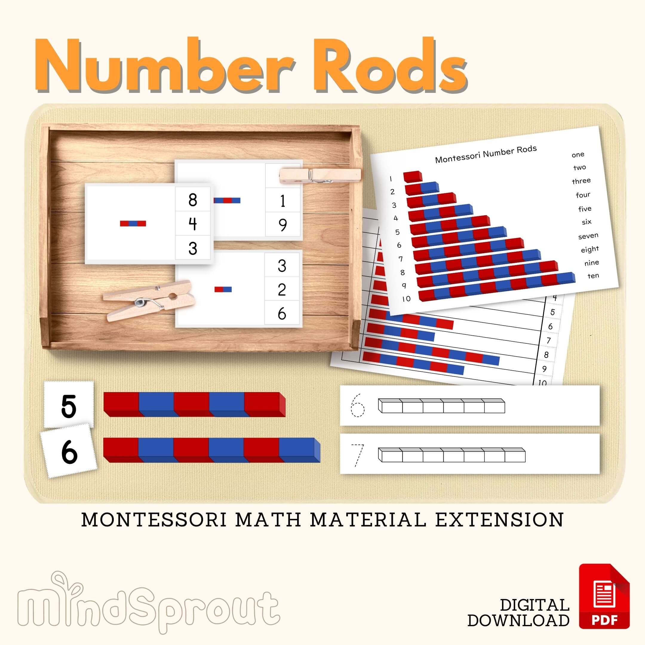 Number Rods Montessori Math Material Extension Activity Matching Cards Tracing Worksheet Clip Card