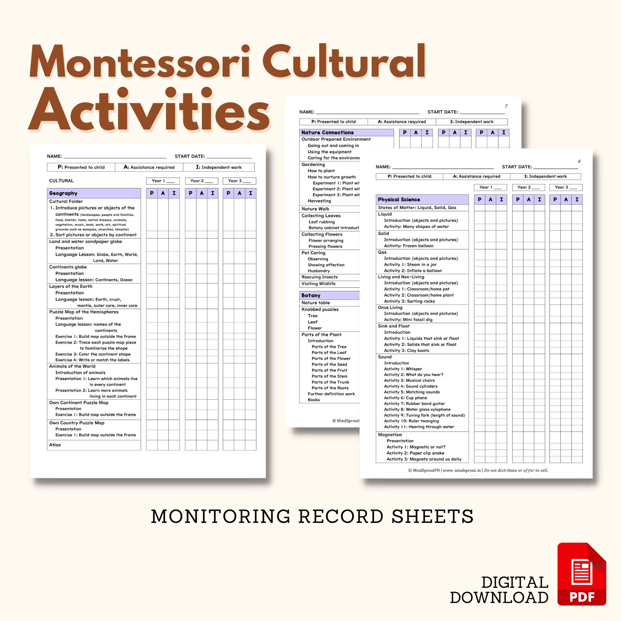 Montessori CULTURAL Activities Monitoring Record Sheet Scope and Sequence