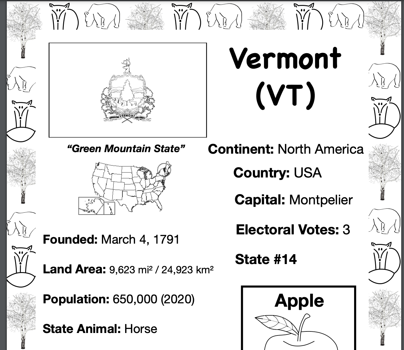 VERMONT, USA, Travel the World Worksheet
