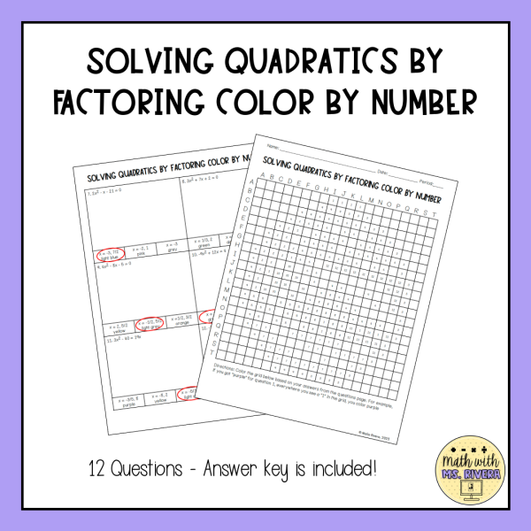 Solving Quadratic Equations by Factoring Color by Number Pixel Art ...
