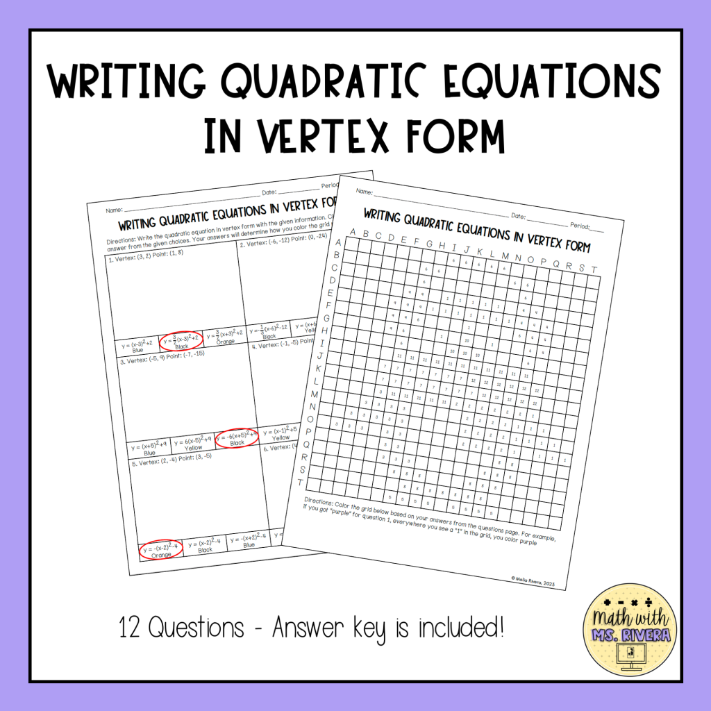 Writing Quadratic Equations in Vertex Form Color by Number Pixel Art ...