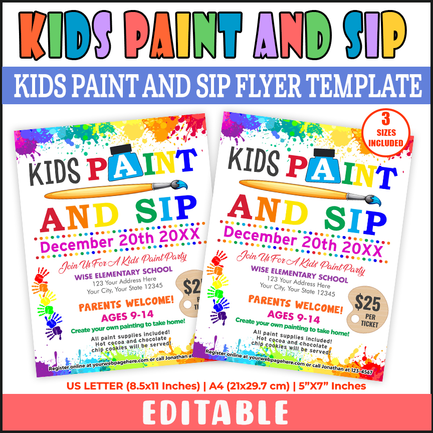 Kids Paint Party Flyer Template, Editable Kids Paint and Sip Flyer Invite