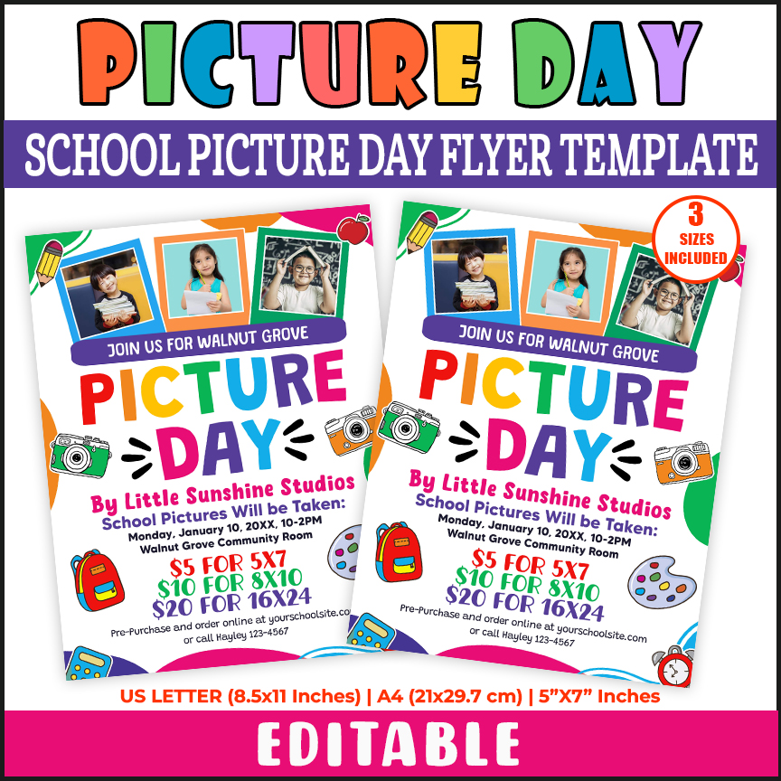Customizable School Picture Day Flyer, Class Photo Day Invitation Poster Template