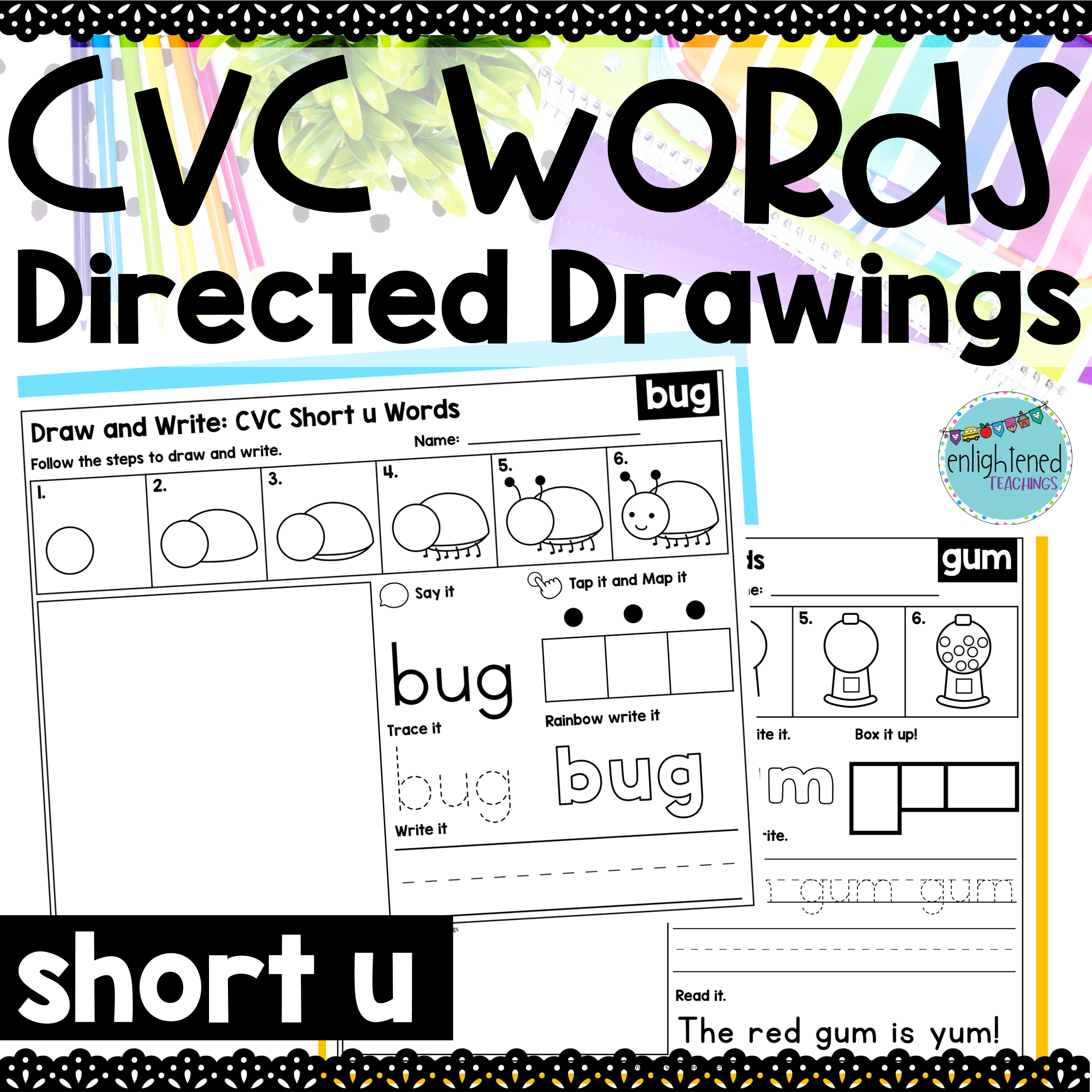 CVC Directed Drawings and Writing Worksheets - Short u CVC Word Worksheets