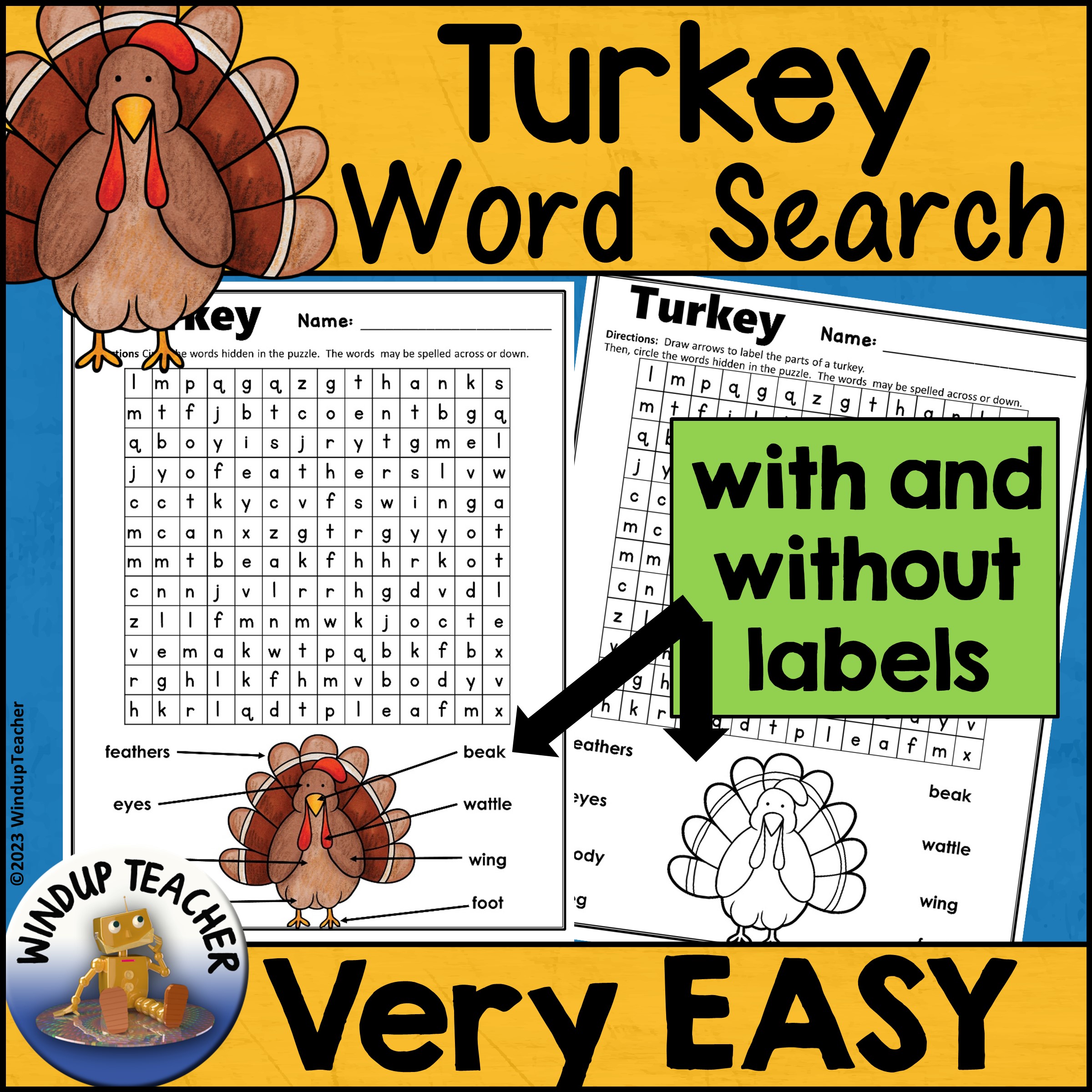 Turkey Word Search - Easy with a Label the Parts Version - Thanksgiving Puzzle