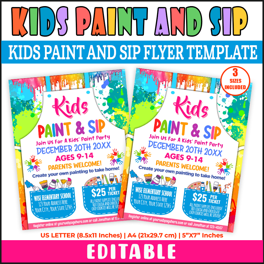 Editable Kids Paint and Sip Party Activity Flyer, Painting Party Activity Event Poster