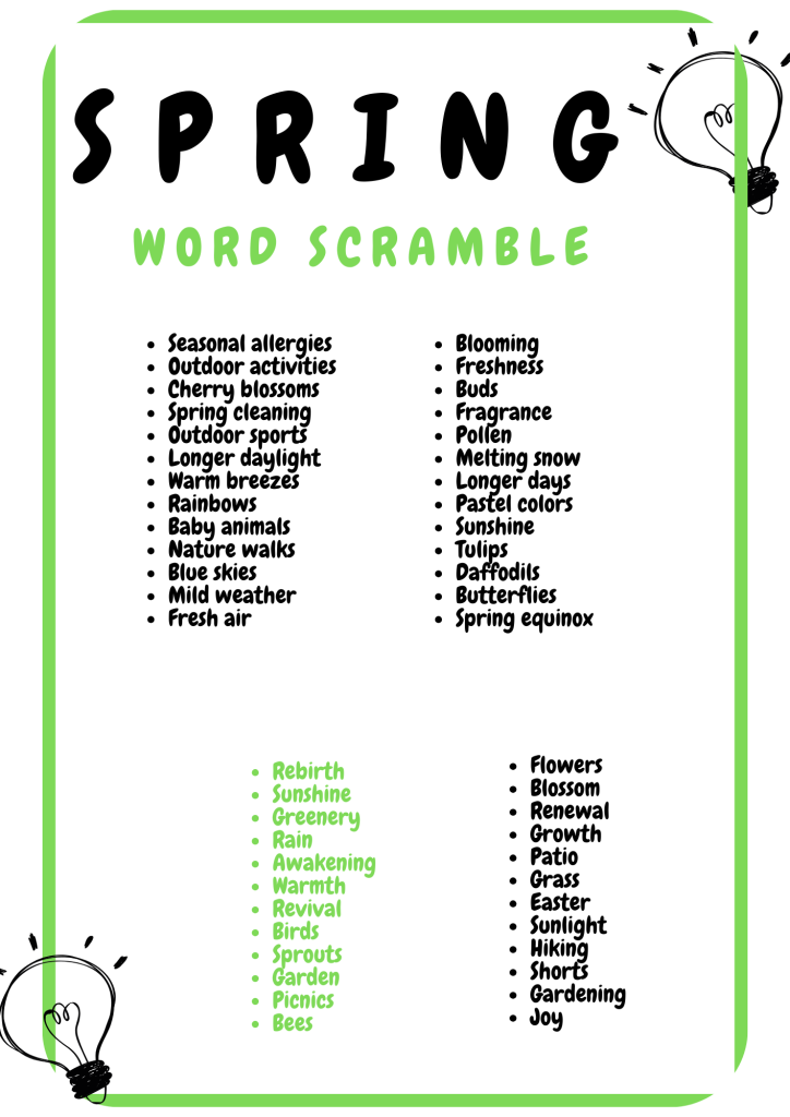 SPRING WORD SCRAMBLE PUZZLE WORKSHEETS ACTIVITIES FOR KIDS - Made By ...