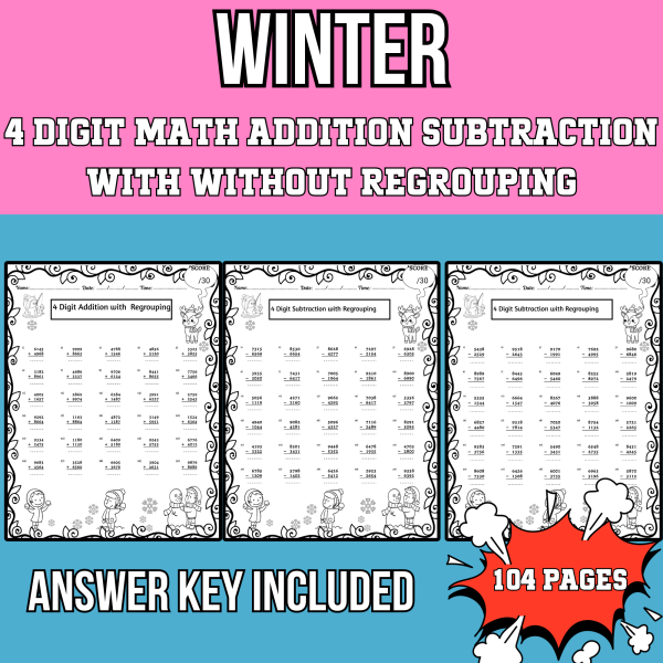 WINTER 4 Digit Addition and Subtraction With & Without Regrouping ...