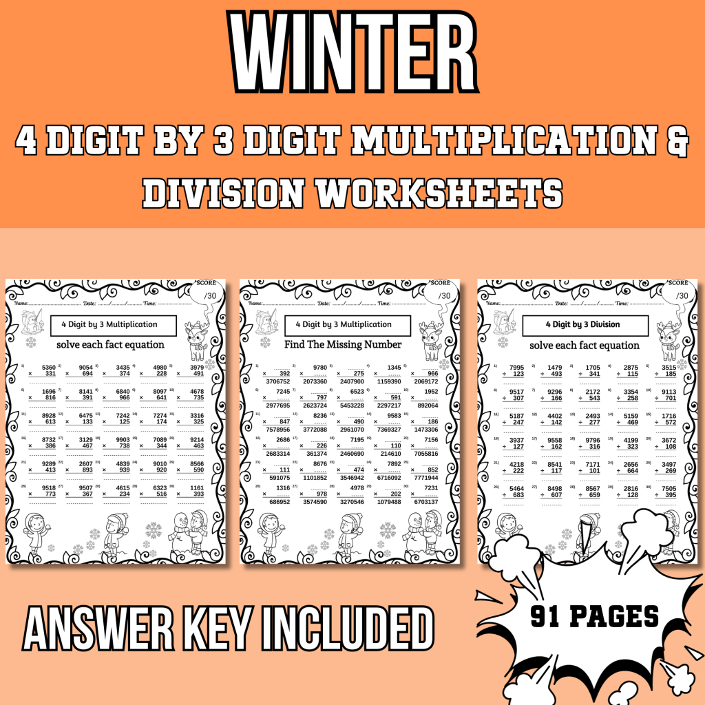 Winter 4-Digit by 3-Digit Multiplication & Division|Missing Numbers ...