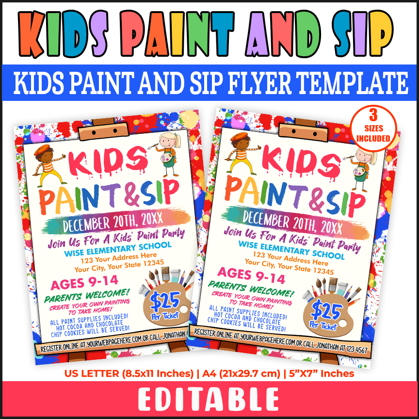 Kids Sip and Paint Event Flyer Template, Kids Painting Party Activity Invitation