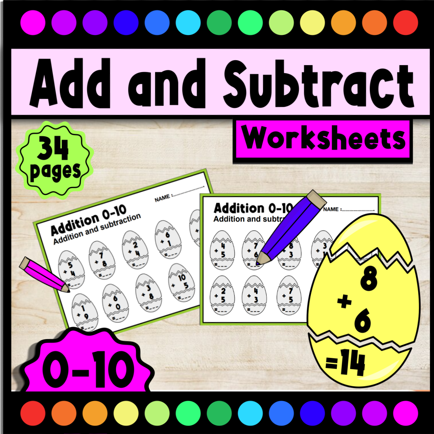 Eggs Add and Subtract 0-10 printables Worksheets