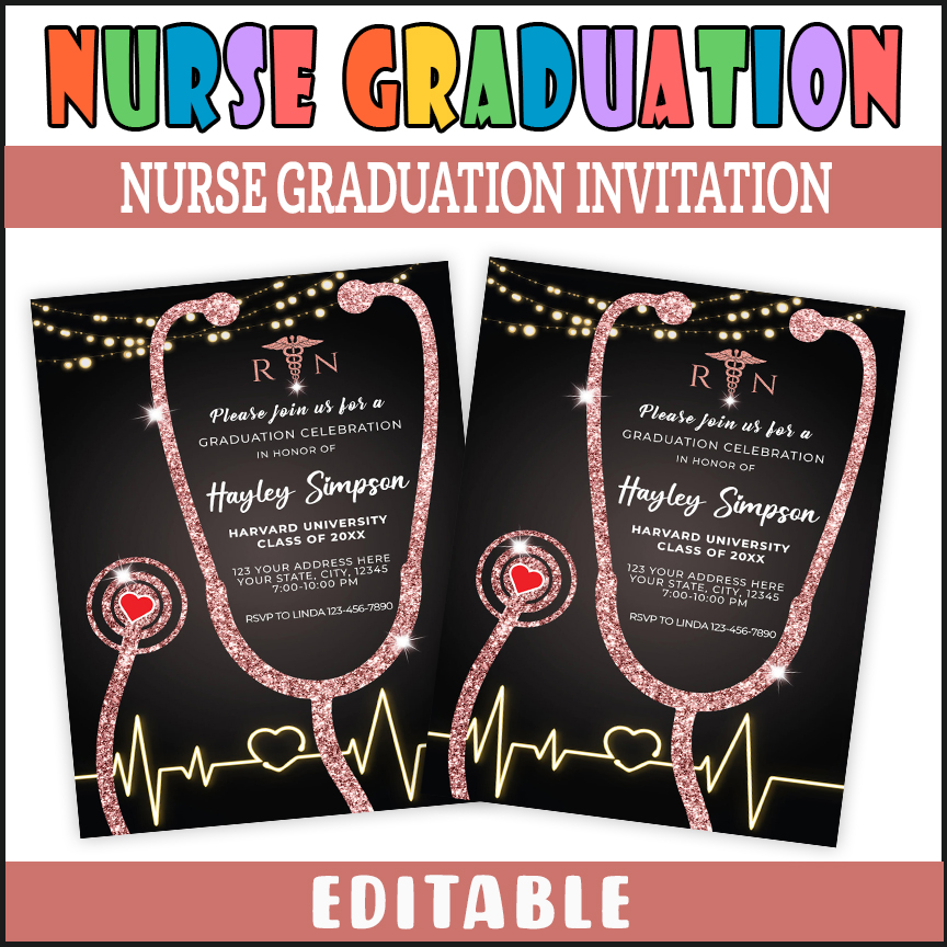 DIY Nursing Graduation Invitation Template, Black and Rose Gold Nurse Grad Party Invite