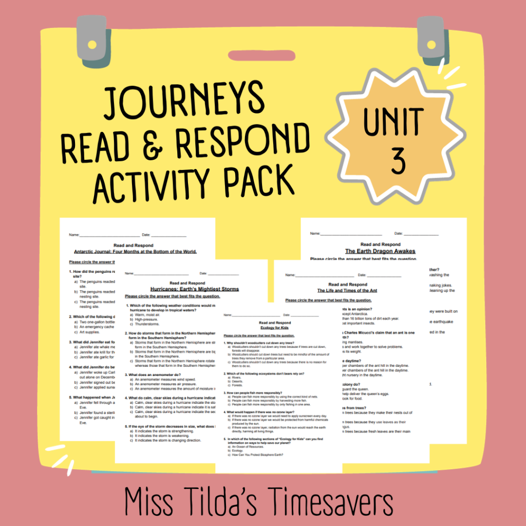 Read and Respond Activity Pack - Grade 4 Journeys: Unit 3 | Made By ...