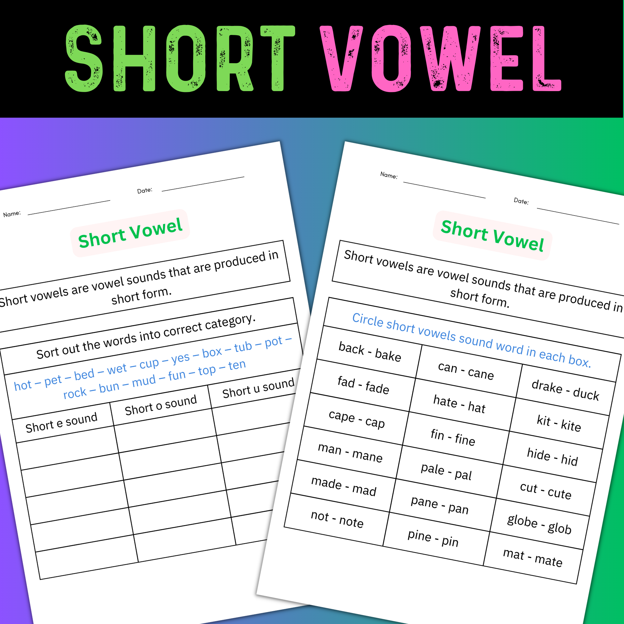 Short Vowel and Long Vowel Worksheets - Vowel Sounds Activities for grade 1