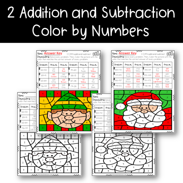Christmas 2 and 3 Digit Addition and Subtraction Color By Number ...