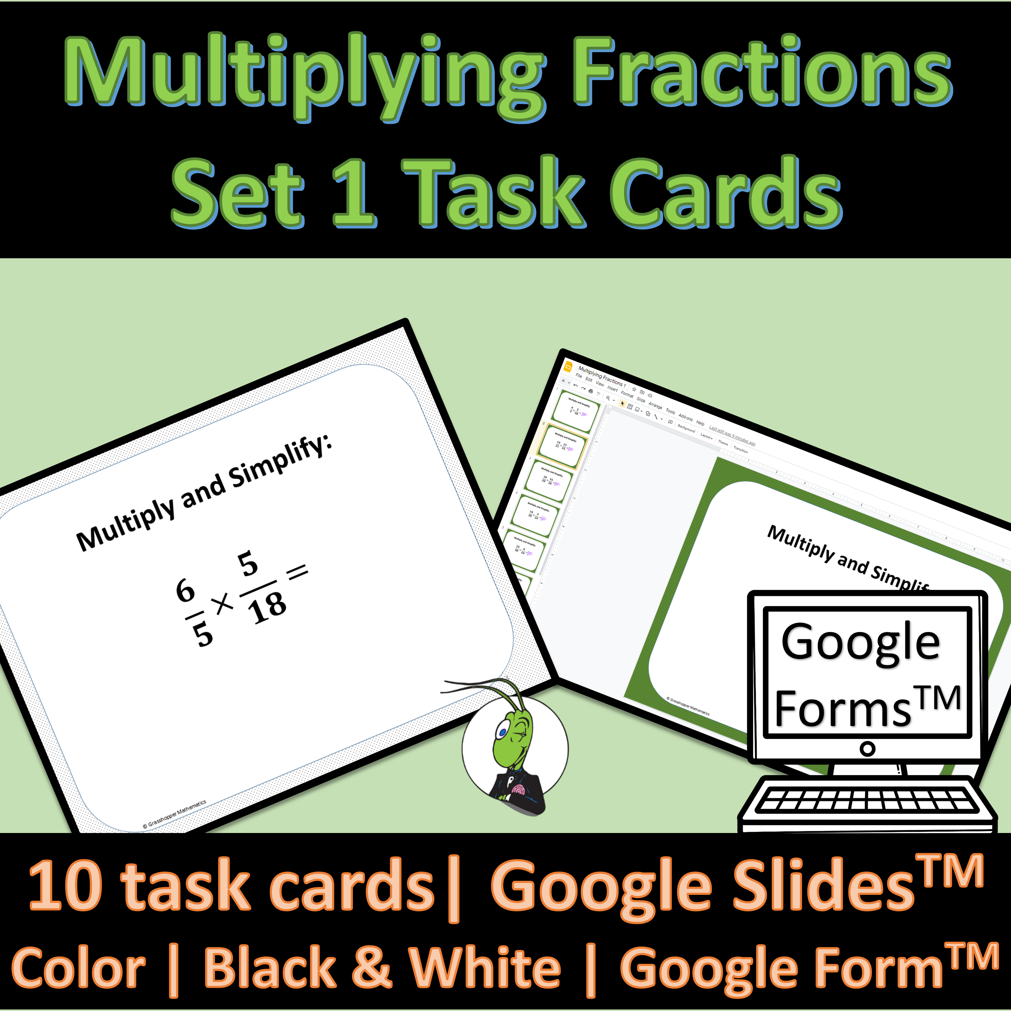 Multiplying Fractions Set 1 Task Cards, Google Slides and Google Forms