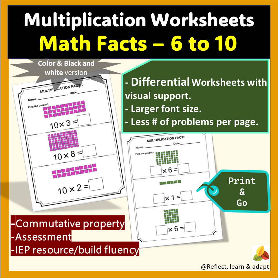 Multiplication Math Fact Fluency (time tables 6 to 10) | Adaptive Worksheets