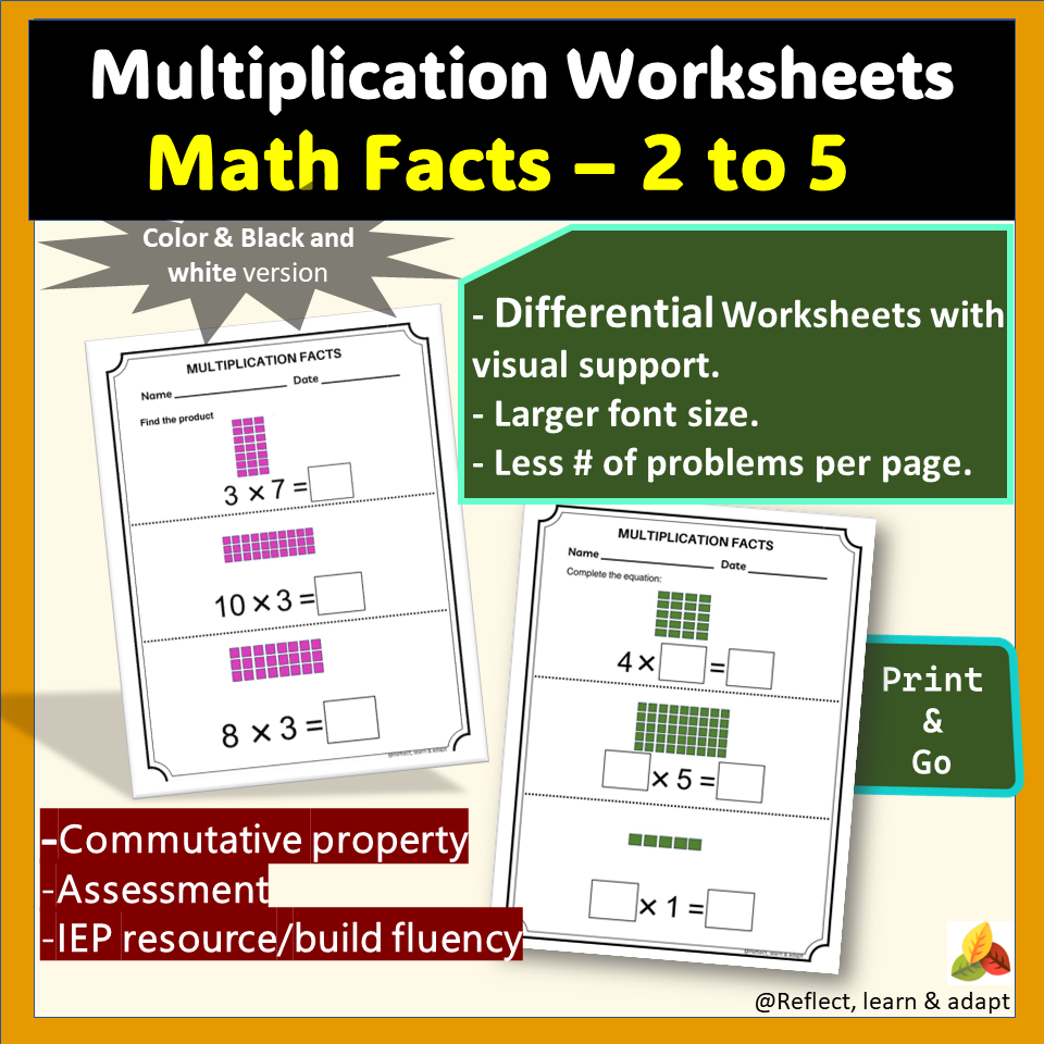 Multiplication Math Fact Fluency (time tables 2 to 5) | Adaptive Worksheets
