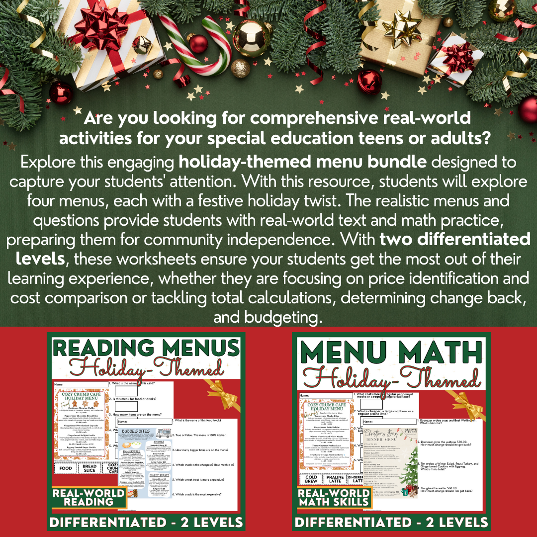 Holiday Menus BUNDLE - Reading Menus & Menu Math - Life Skills ...