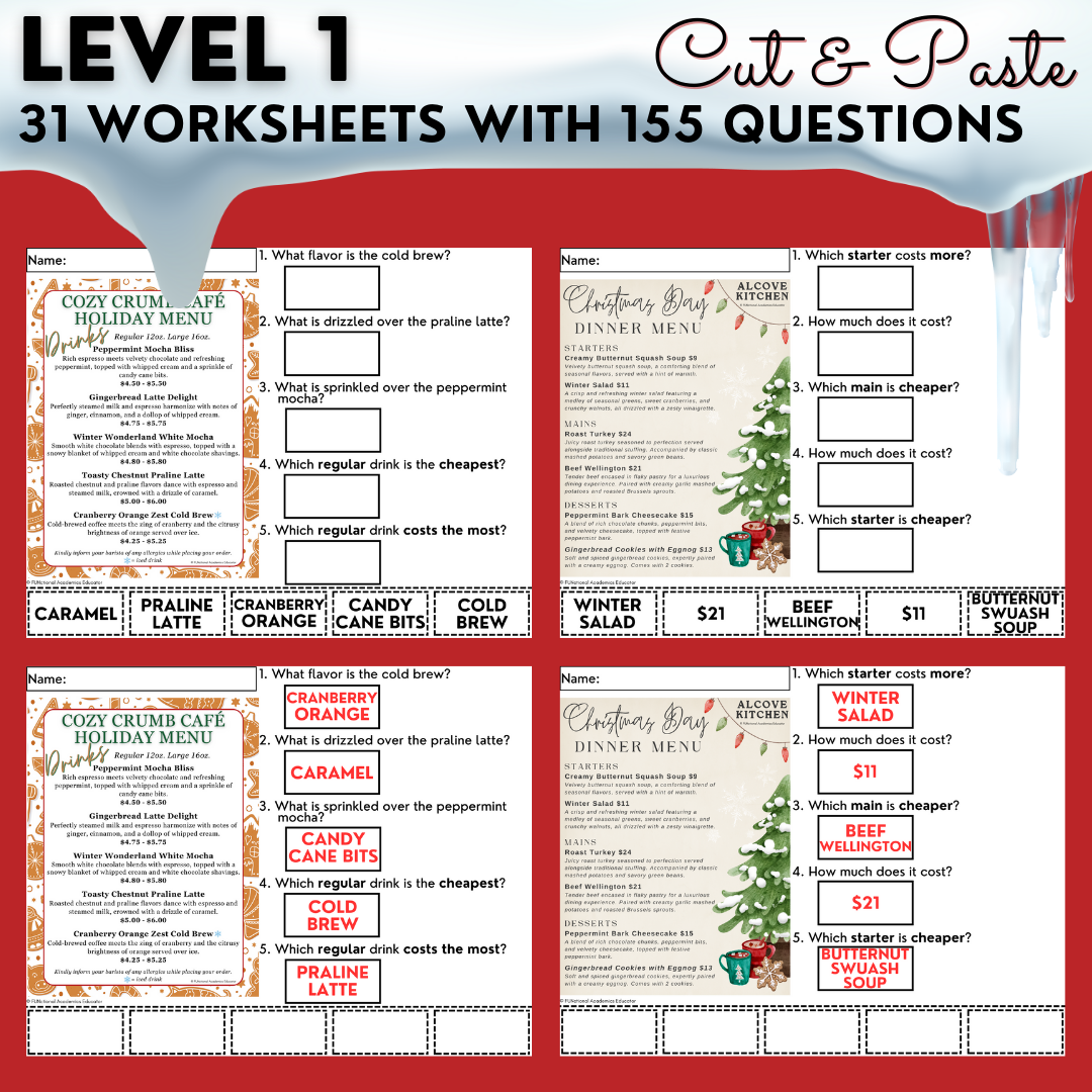 Holiday Menus BUNDLE - Reading Menus & Menu Math - Life Skills ...