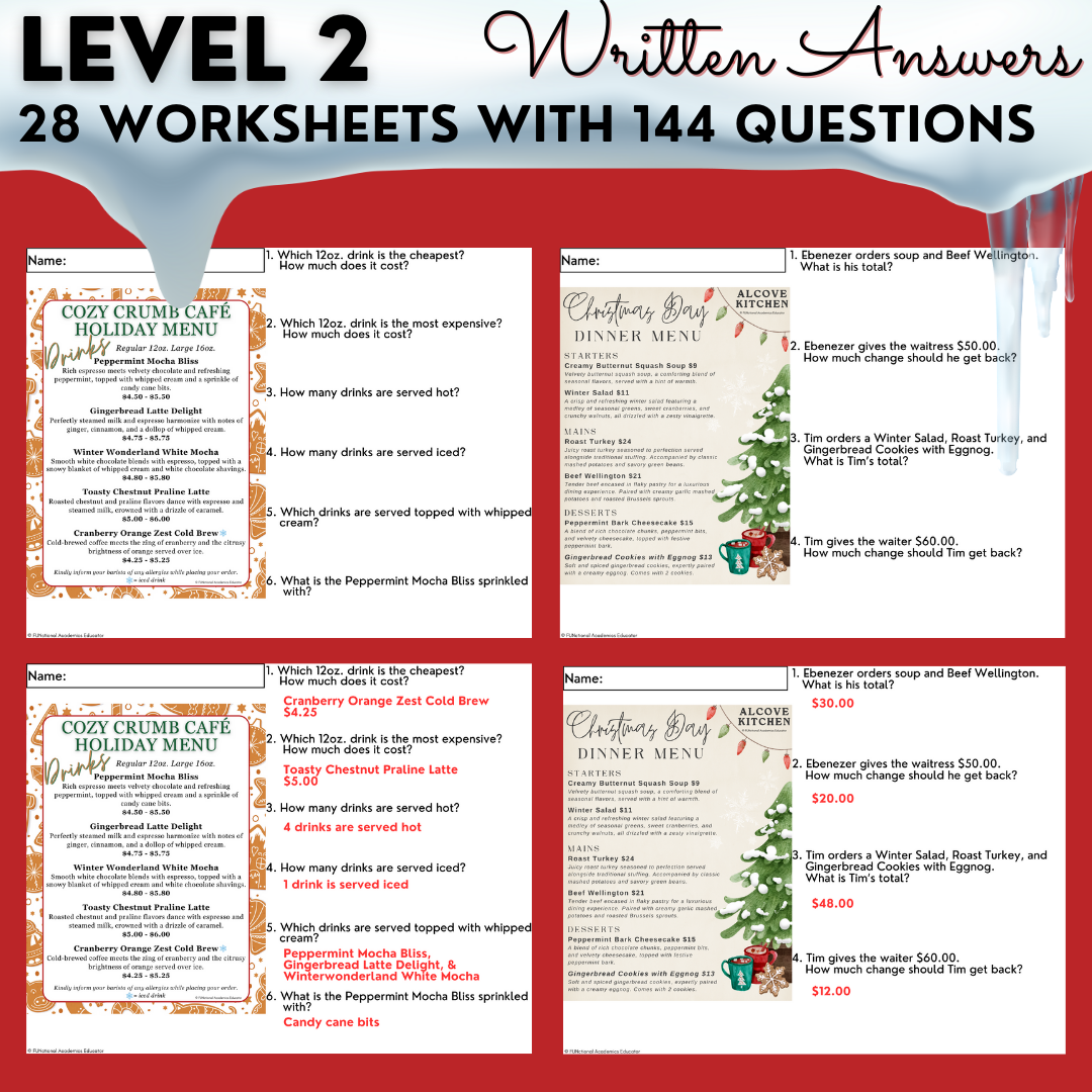 Holiday Menus BUNDLE - Reading Menus & Menu Math - Life Skills ...