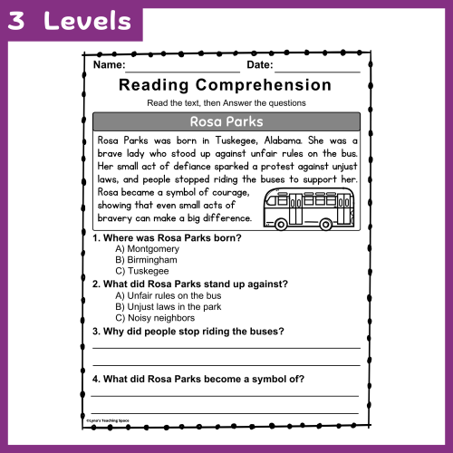 Rosa Parks Reading Comprehension Passages and Activities Worksheet (No ...