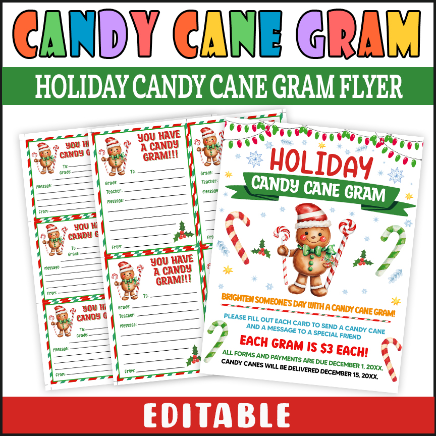 Customizable Holiday Candy Cane Gram Flyer, Christmas PTO PTA Fundraising Event