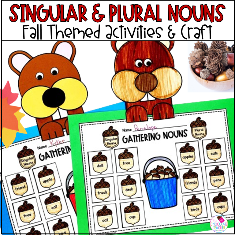 Fall Singular and Plural Nouns - Grammar Worksheets, Noun Sort, Craft