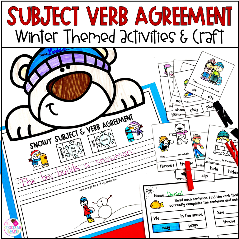 Subject Verb Agreement 1st Grade Winter Grammar with Posters, Worksheets, Craft