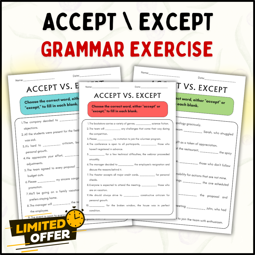 Accept or Except Grammar Exercise Worksheets for all (Editable)