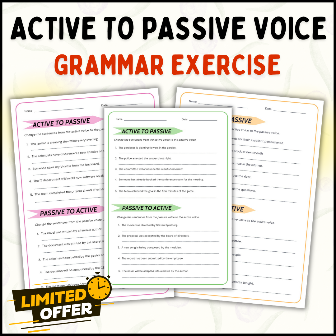 Active To Passive Voice and Passive To Active Voice Exercise Worksheet: Editable