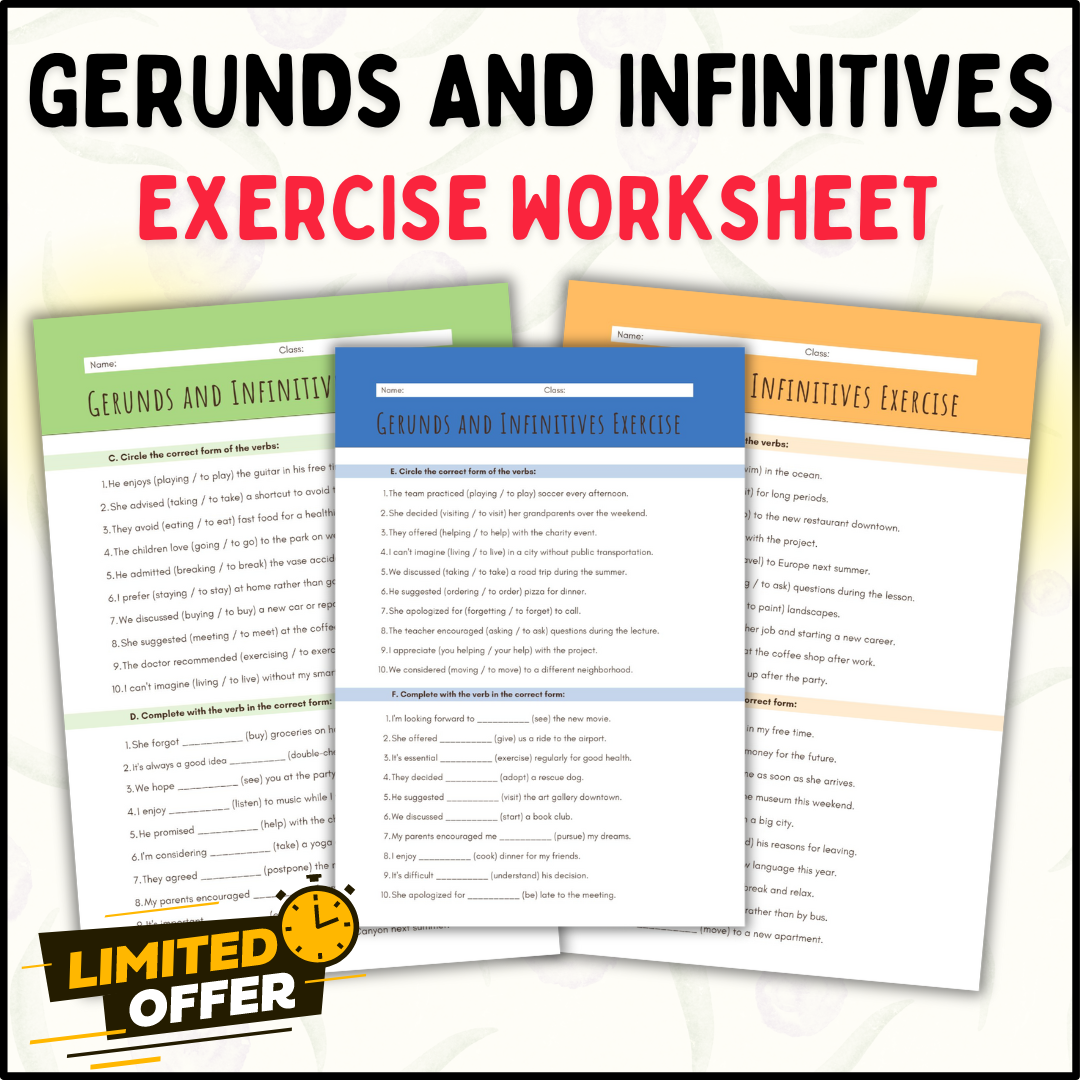 Gerunds and Infinitives Grammar Exercise Worksheets: Editable (PPT and PDF)