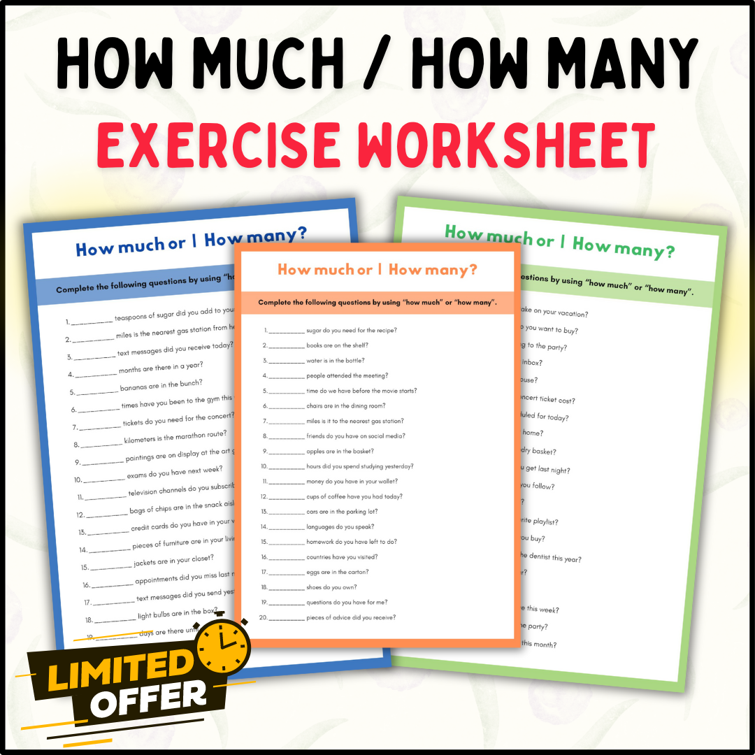 How much or How many Grammar Exercise Worksheets: Editable (PPT and PDF)