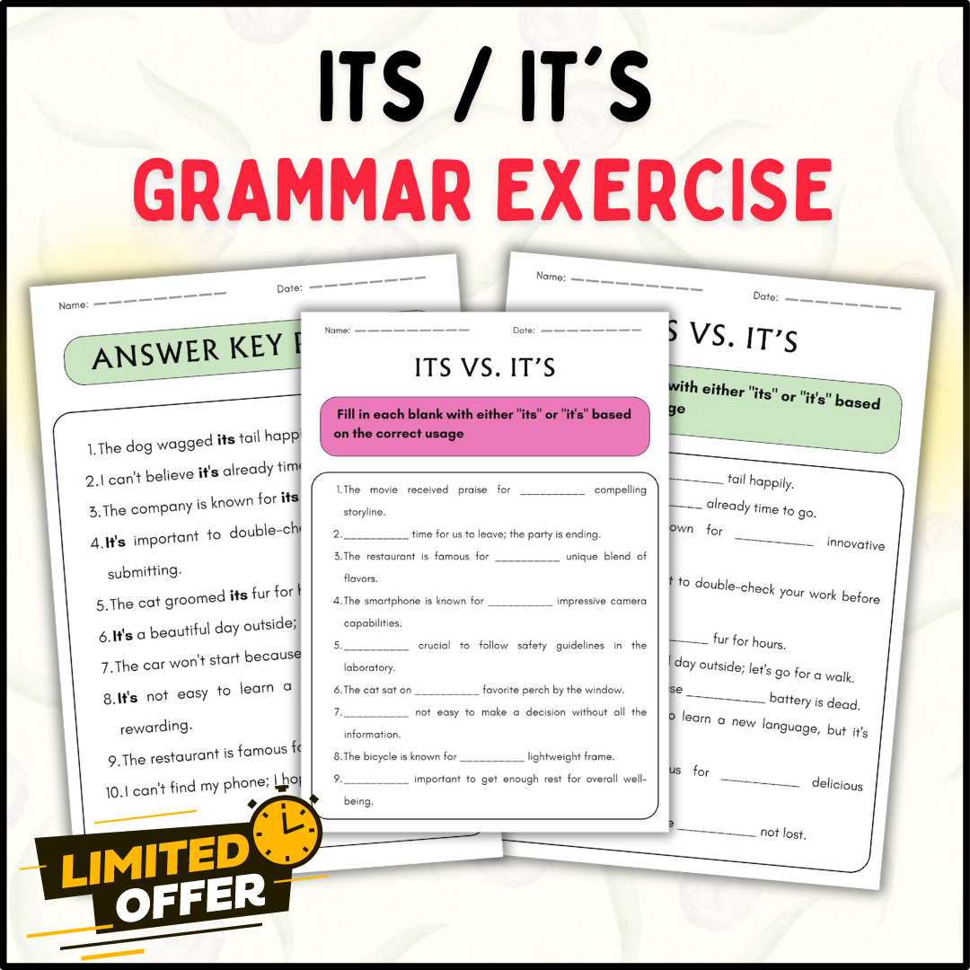 Its or It's Grammar Exercise Worksheets: Editable (PPT and PDF) + Key