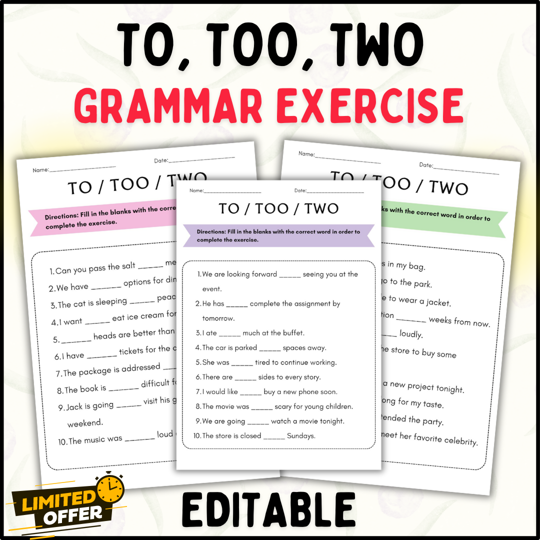 TO, TOO, TWO Grammar Exercise Worksheets: Editable (PPT and PDF)