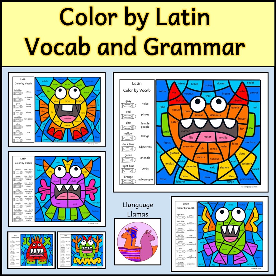 Latin Color by Vocabulary, Grammar, Parts of Speech - Monster theme