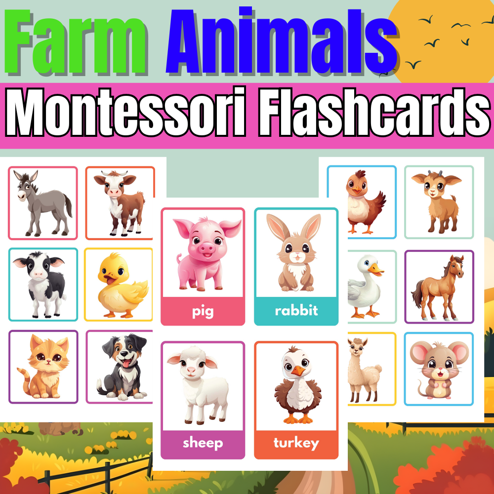 Farm Animals Flash Cards - 16 Flashcards, Homeschool, Montessori Materials