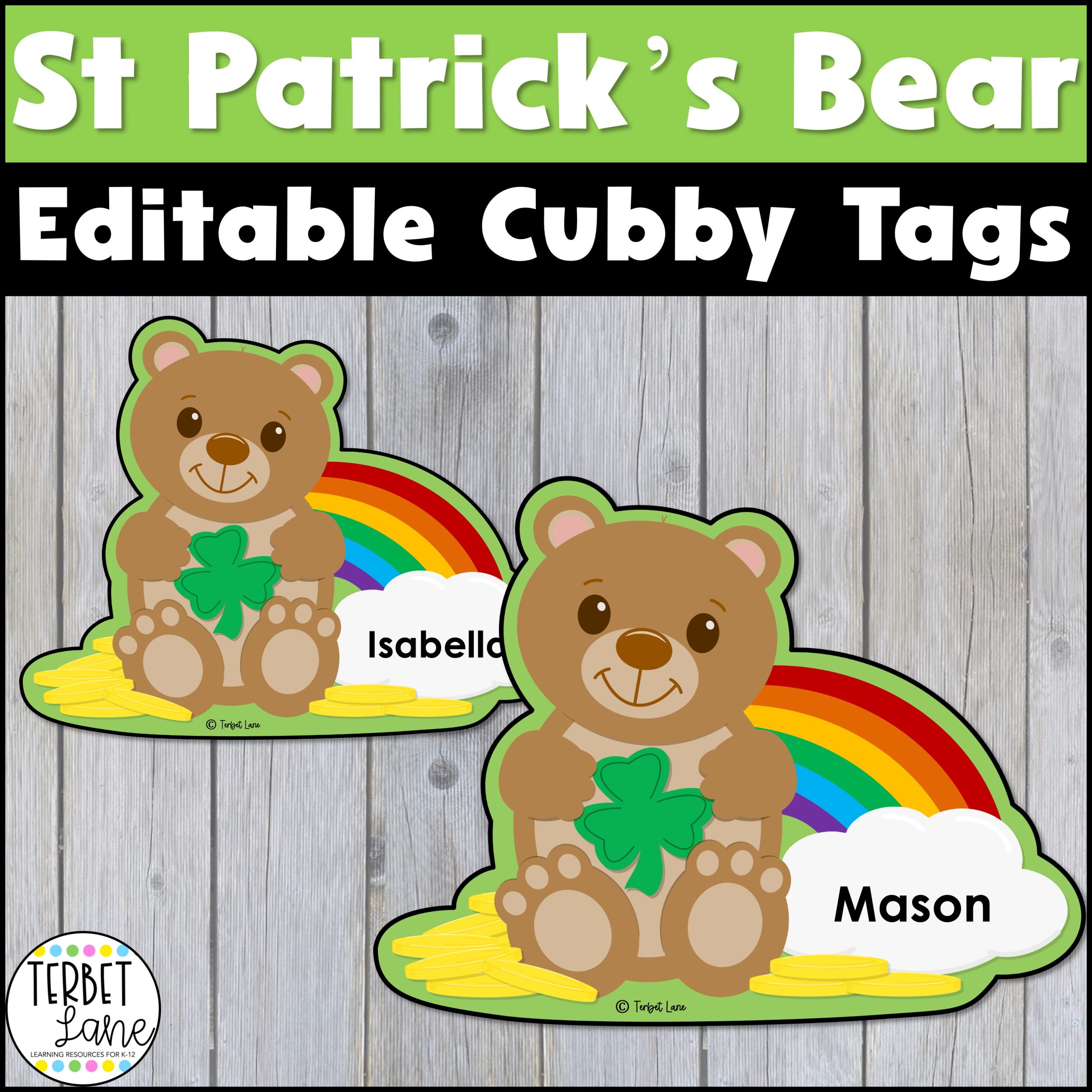 Editable St Patrick's Day Bear Cubby Tags