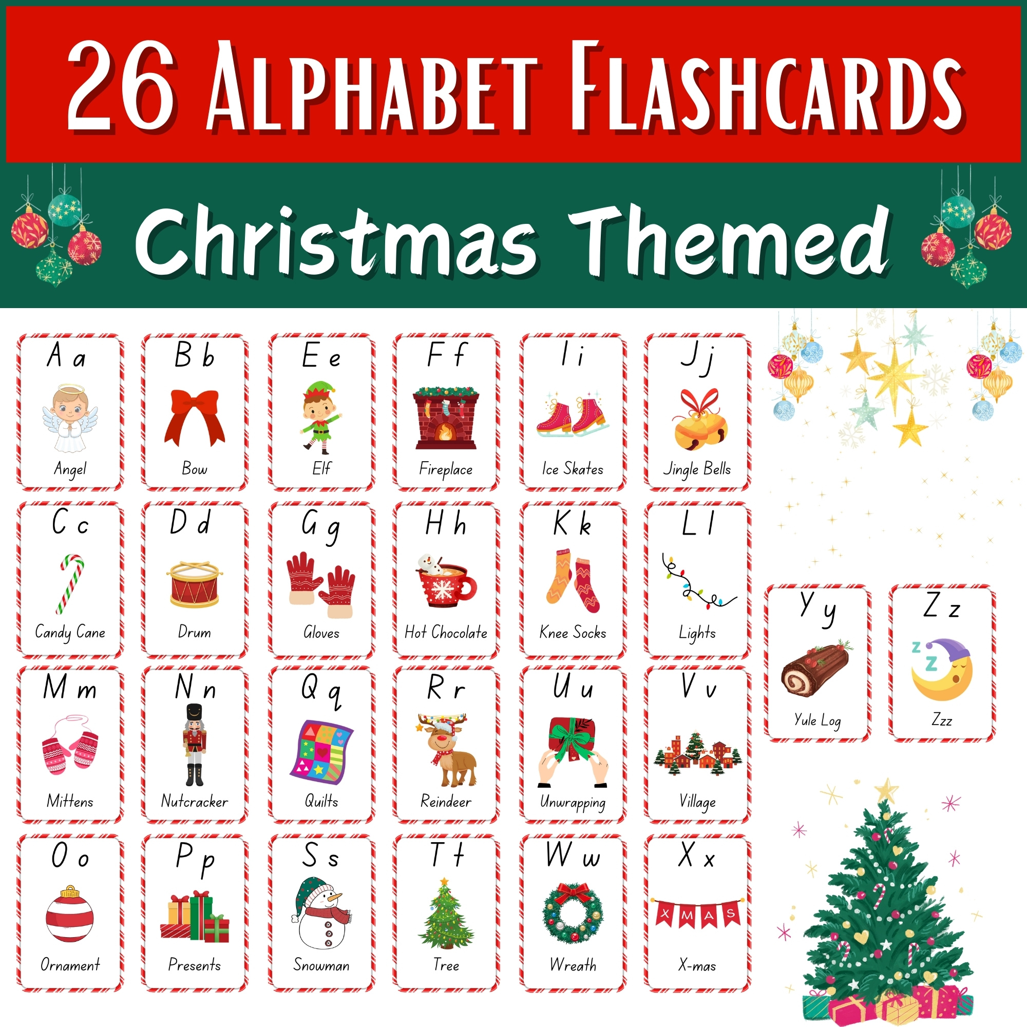 Christmas Alphabet Flashcards & Posters, X-mas Vocabulary Cards
