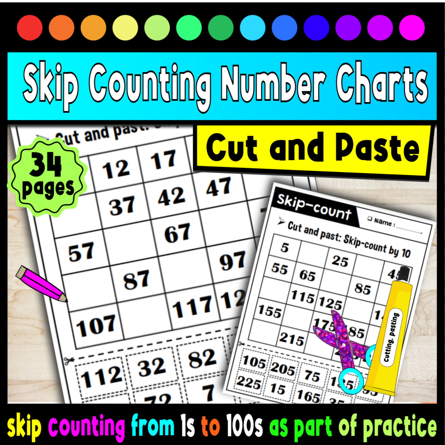 Skip Counting Number Charts for Fun Cut-and-Paste Practice