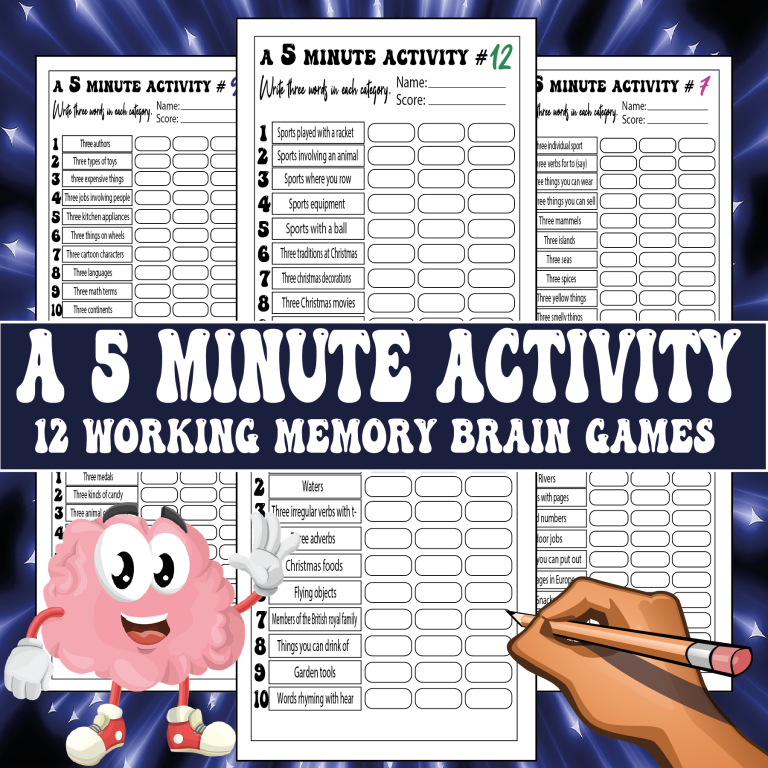 A 5 Minute Activity Working Memory Brain-Write 3 words in 1 category ...