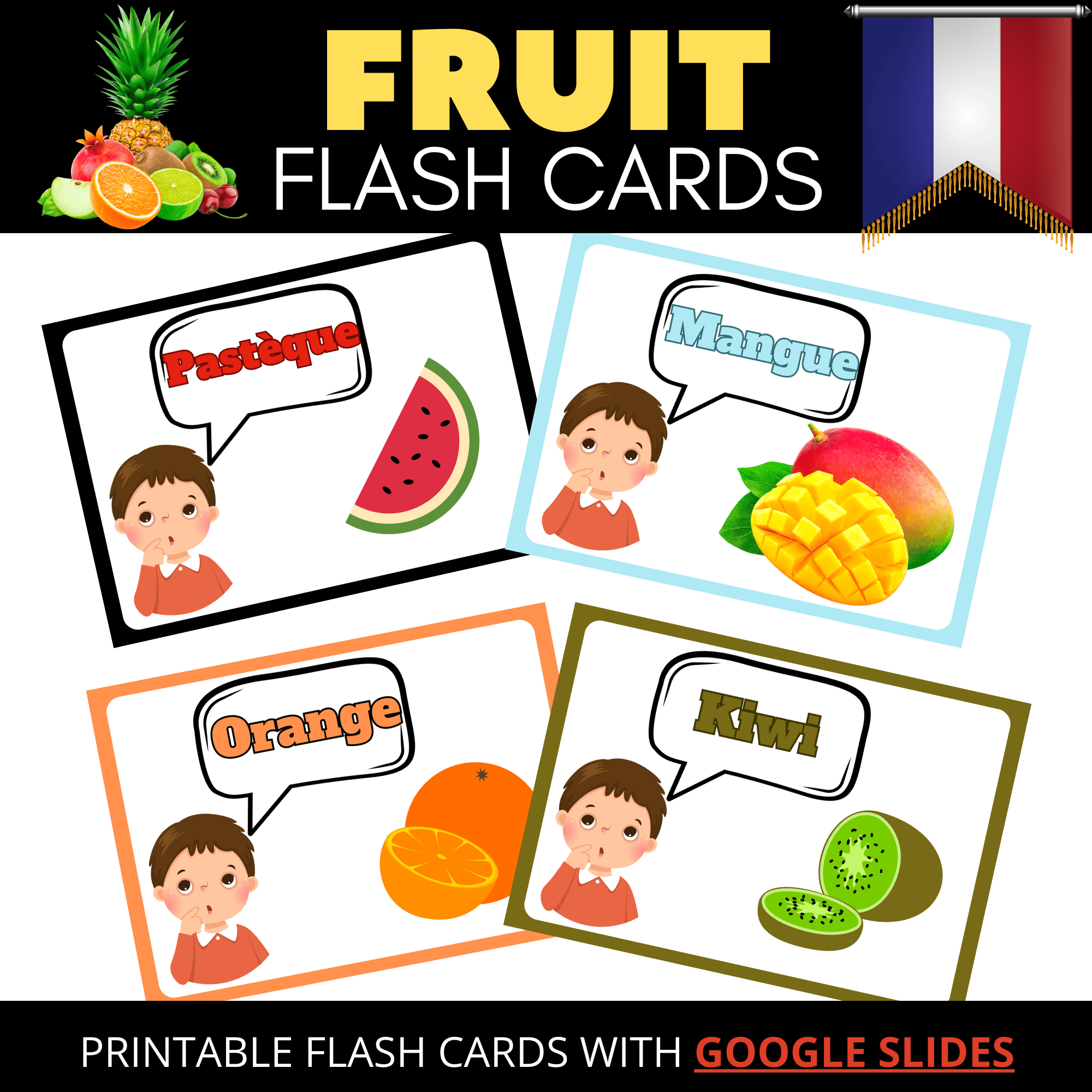 Fruit Flashcard Adventure for for Little Learners in French with Google Slides