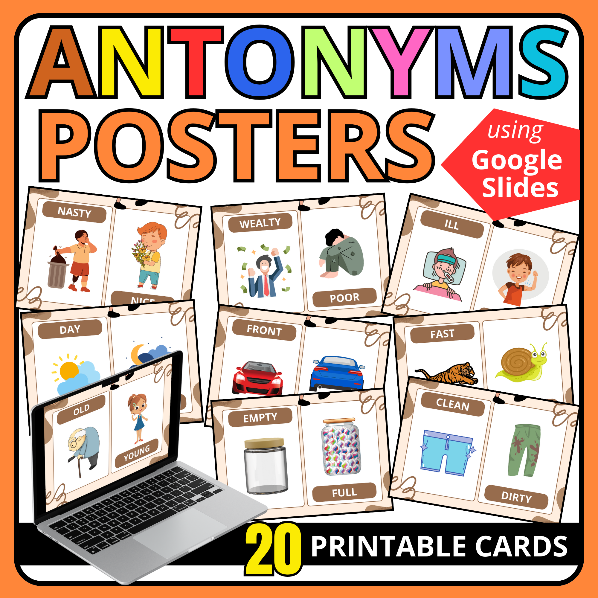 ANTONYM FLASHCARDS WITH PICTURES FOR KIDS WITH GOOGLE SLIDES
