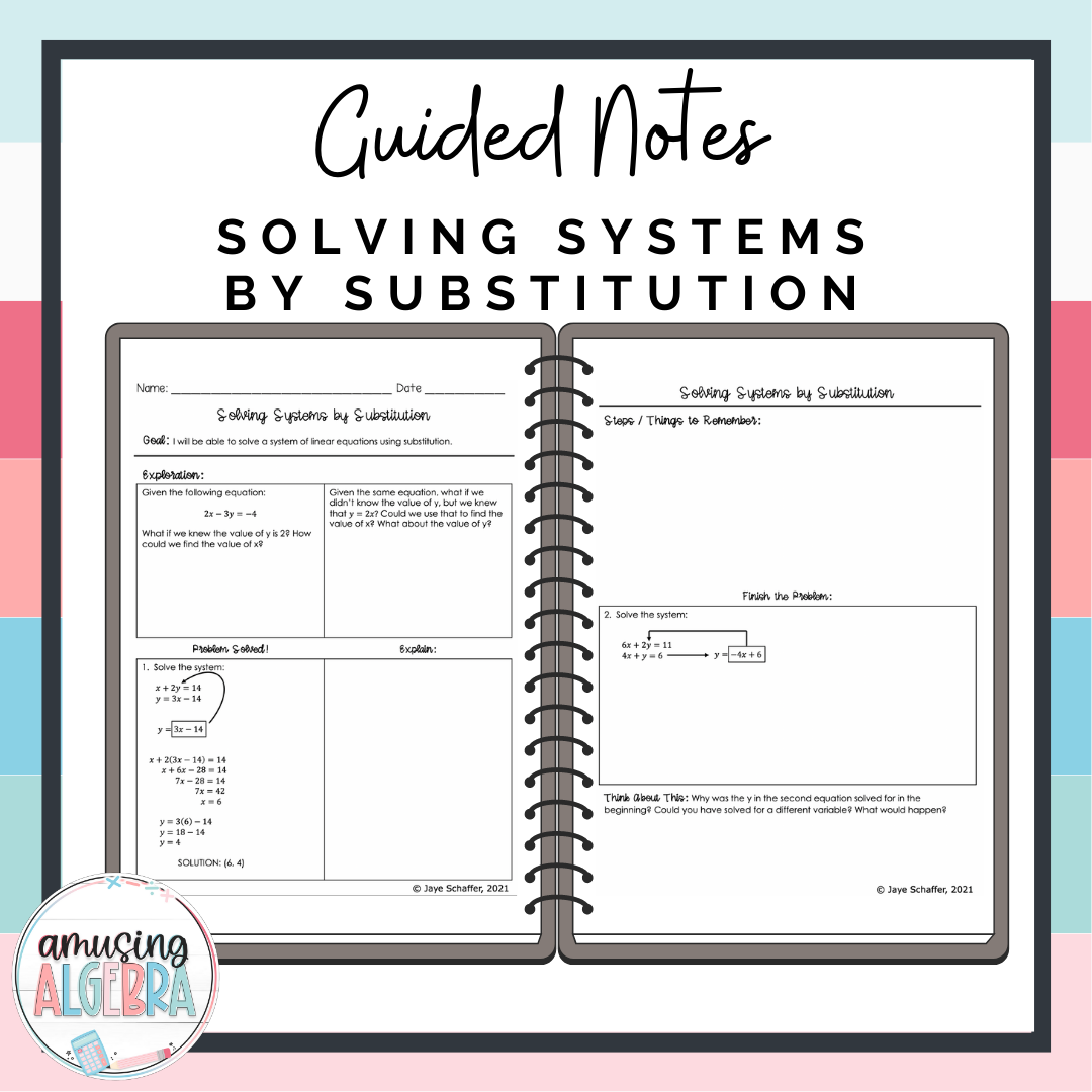 Algebra 1 Solving Systems of Equations by Substitution Scaffolded Guided Notes