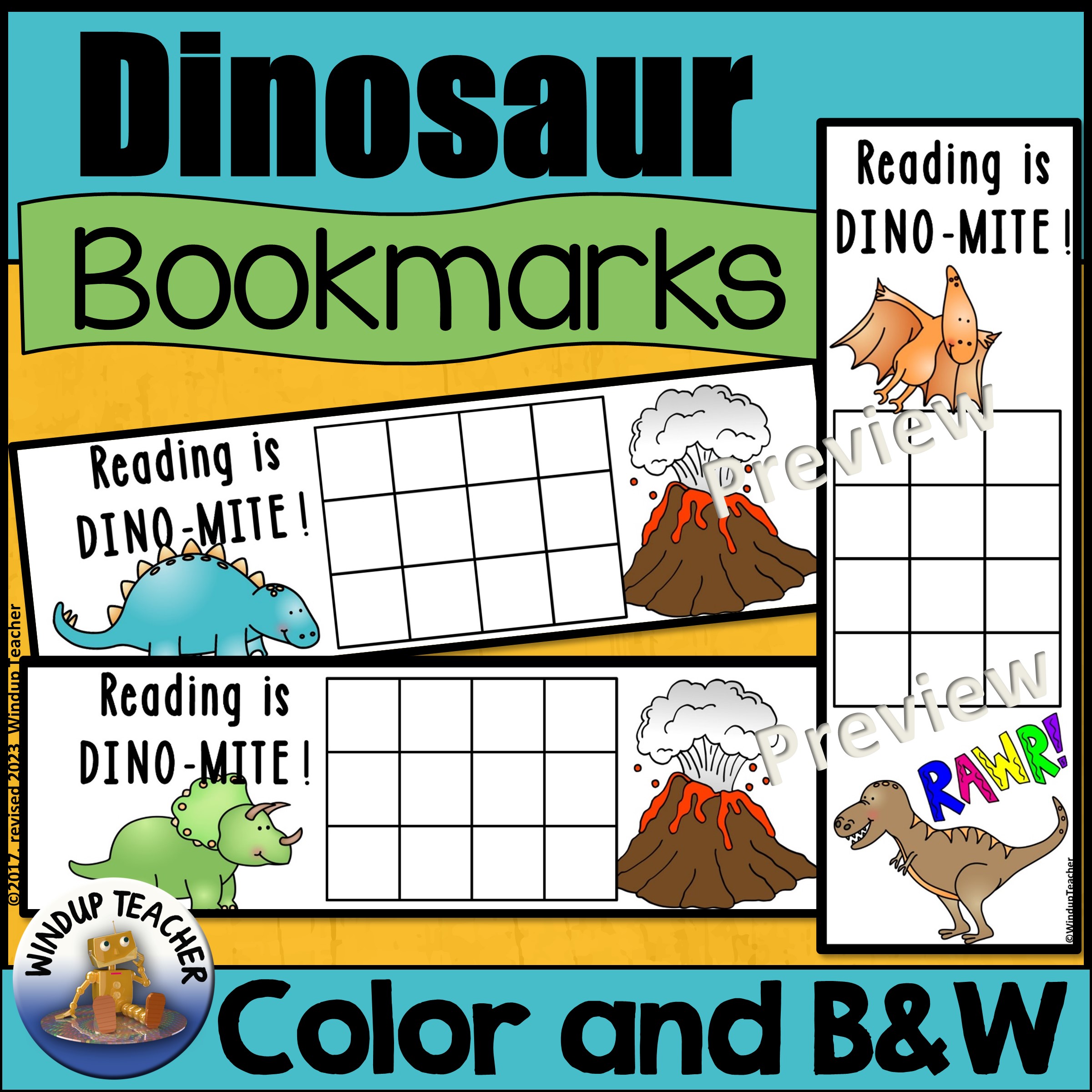 Dinosaur Bookmarks - Dinosaur Sticker Reward Chart for Reading in Color and B&W